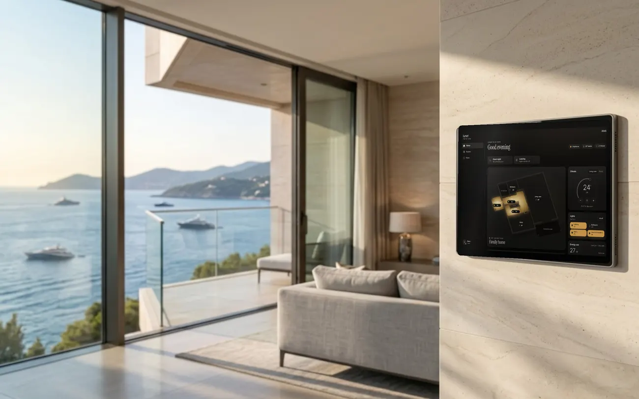 Wall-mounted tablet running Lunet in a villa living room overlooking the sea